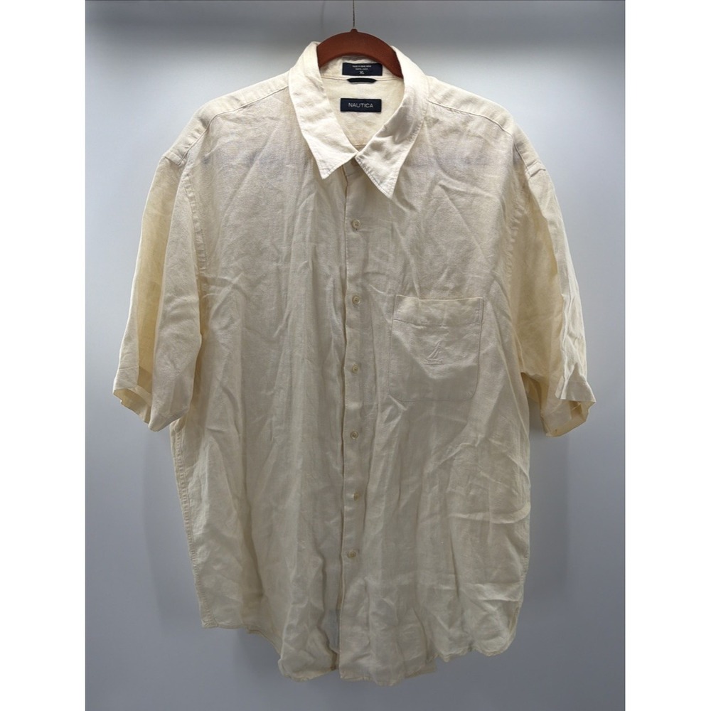 Vtg Nautica Short Sleeve Button Up Men's Classic Fit 100% Linen Yellow Resort XL